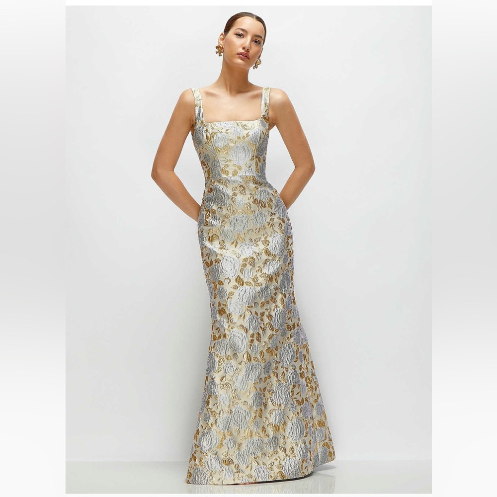 Gold and Silver Floral Jacquard Evening Gown